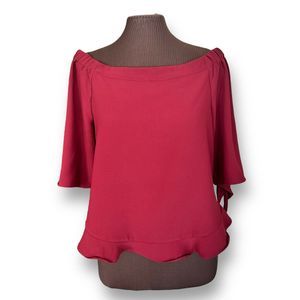 Olivia Grey Off Shoulder Top 3/4 Tie Sleeve Flutter Hem Burgundy Sz L